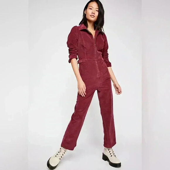 Free People Take Me Out Cord Merlot Jumpsuit 10 - Picture 1 of 5